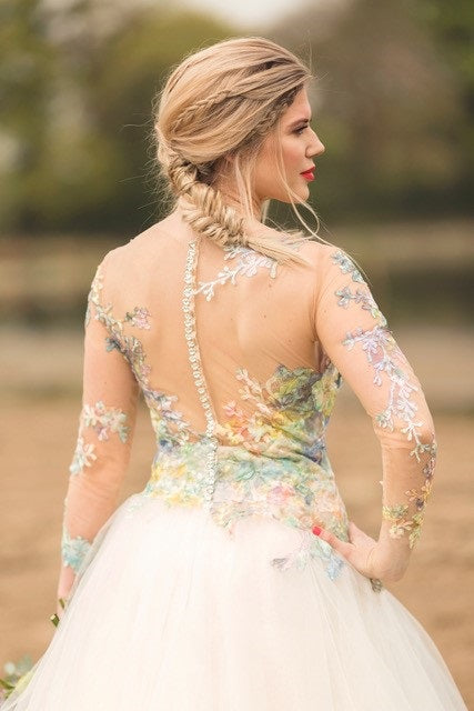 Wedding dress with multi coloured embroidered lace Octavia garden 3 Wedding dress with multi coloured embroidered lace Octavia garden 3