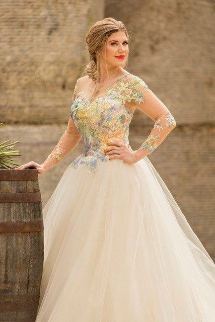 Wedding dress with multi coloured embroidered lace Wedding dress with multi coloured embroidered lace