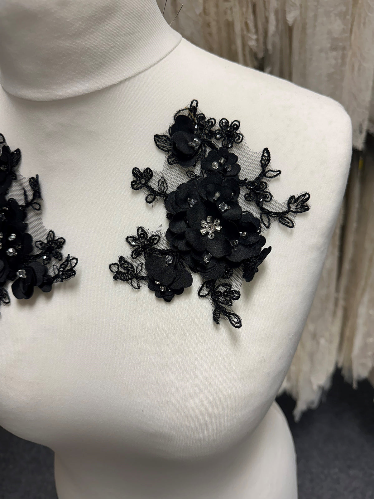 Black/Silver Beaded 3D Lace Appliques - T286