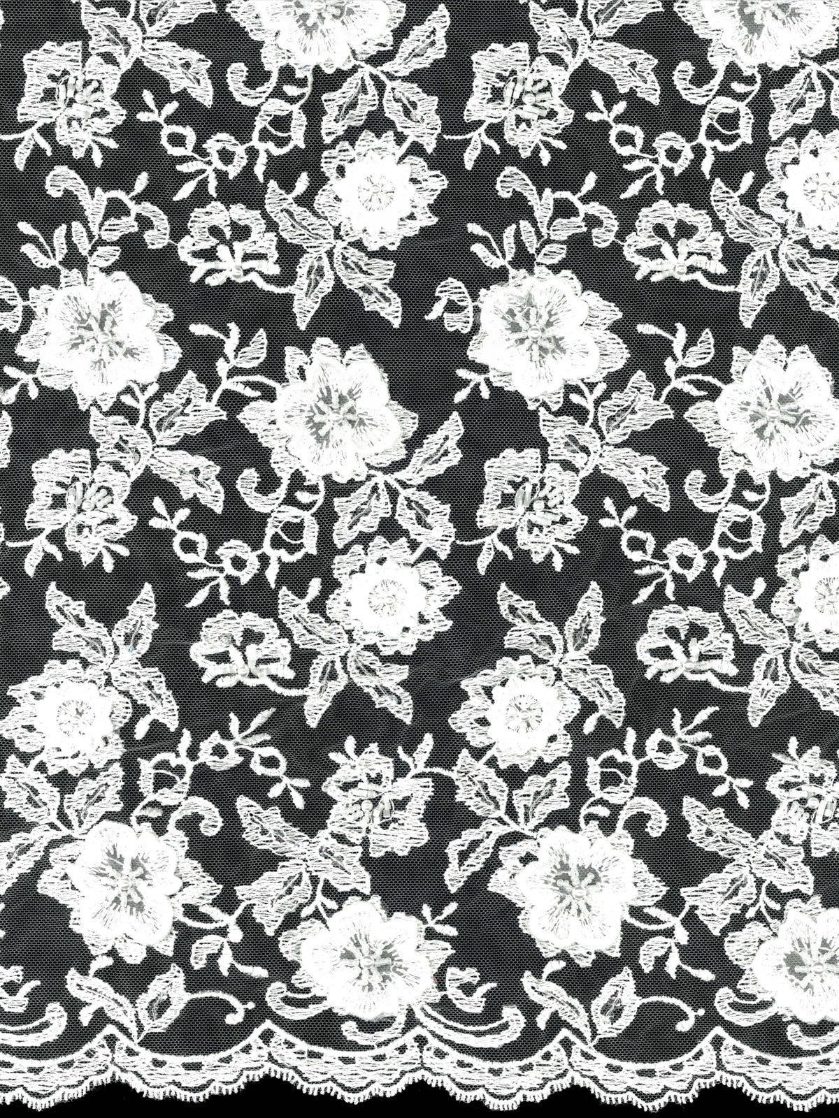 White 3D Embroidered Beaded Tulle - EB1003