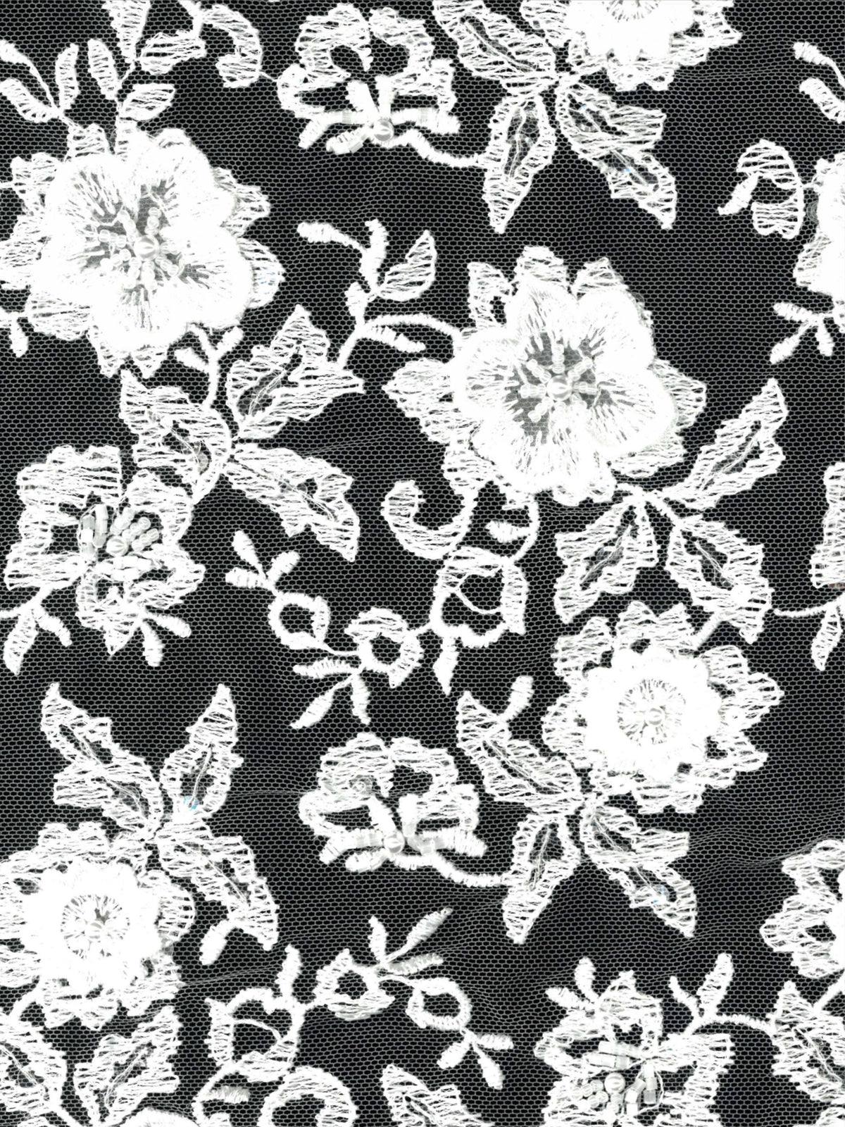 White 3D Embroidered Beaded Tulle - EB1003