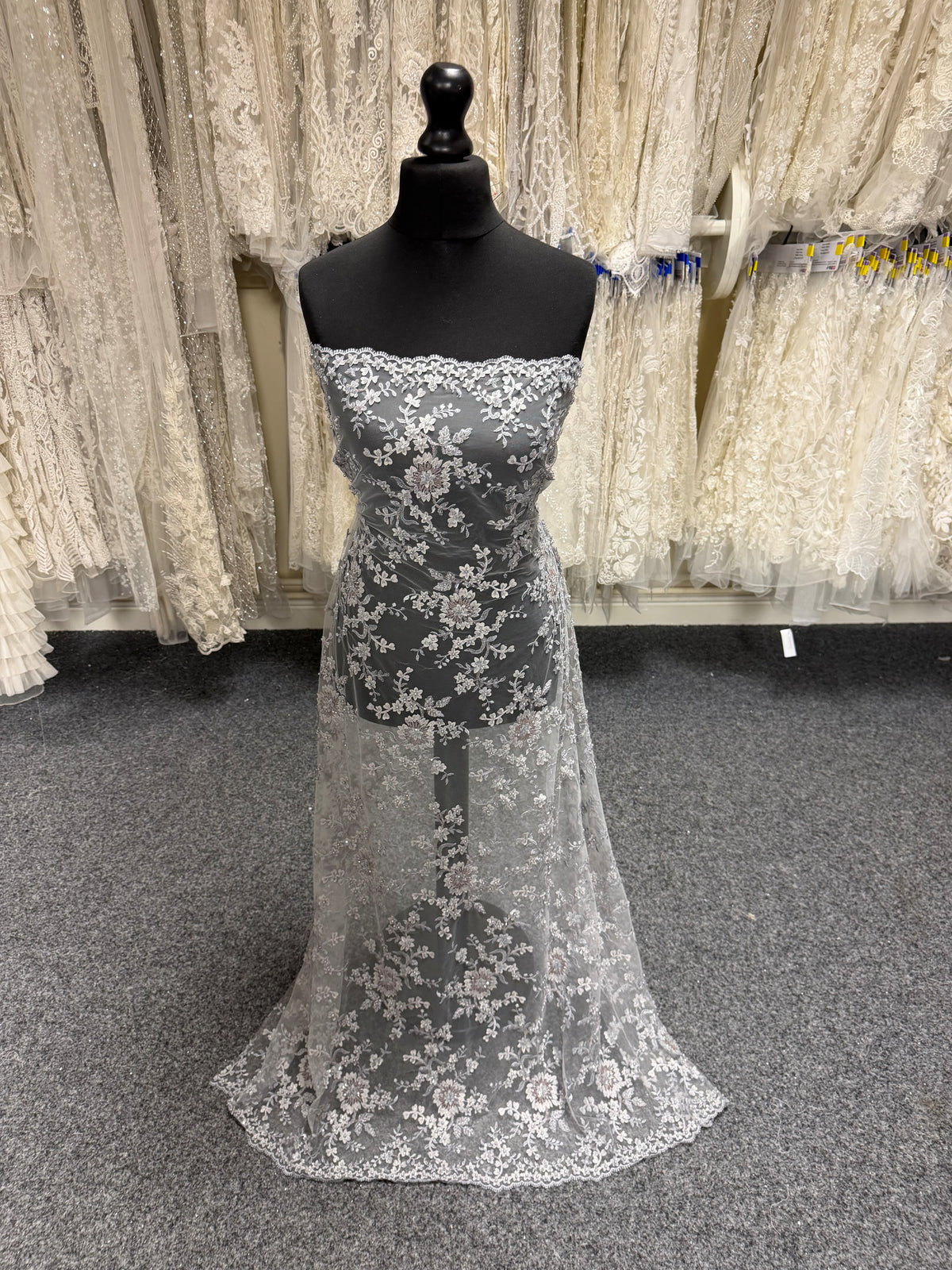 Light Grey 3D Embroidered Beaded Tulle - EB1026