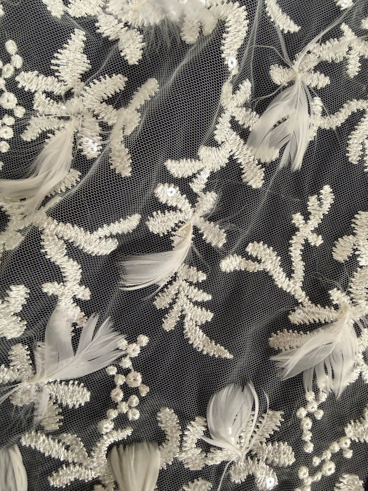 Ivory Embroidered Beaded Feather Tulle - EB1040