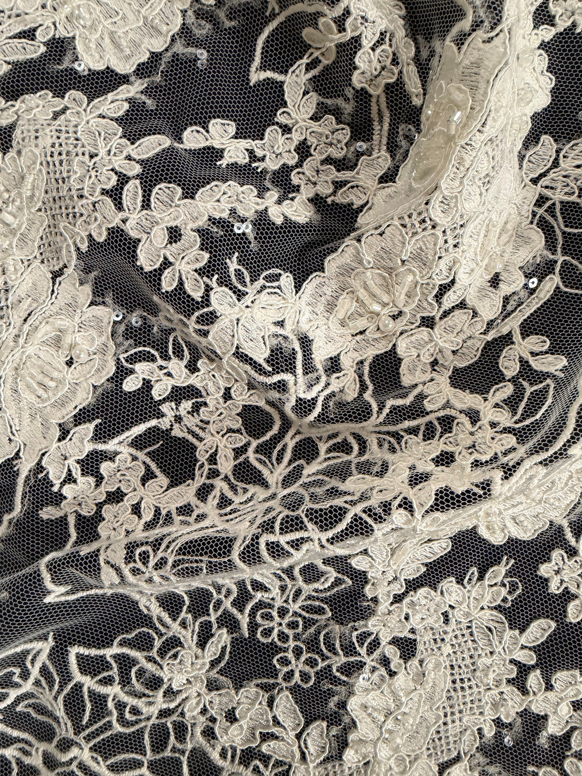 Ivory Embroidered Beaded Tulle - EB1042
