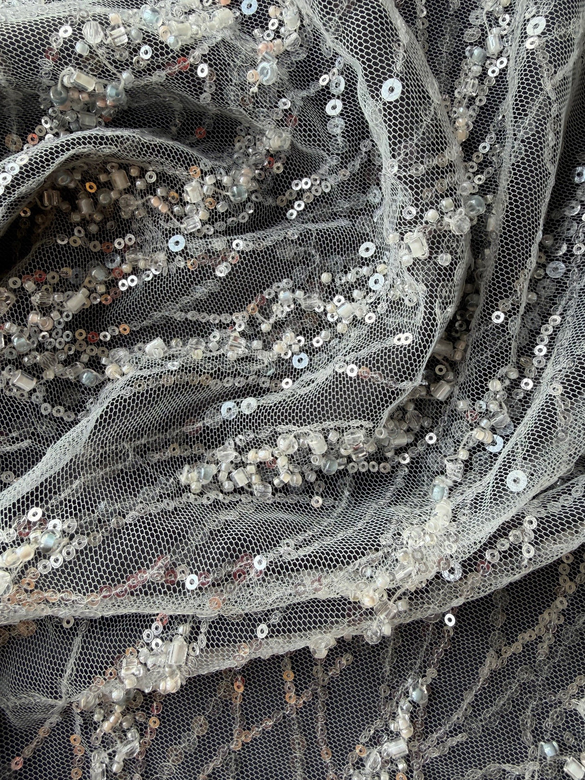 Ivory/Pink Embroidered Beaded Tulle - EB1049