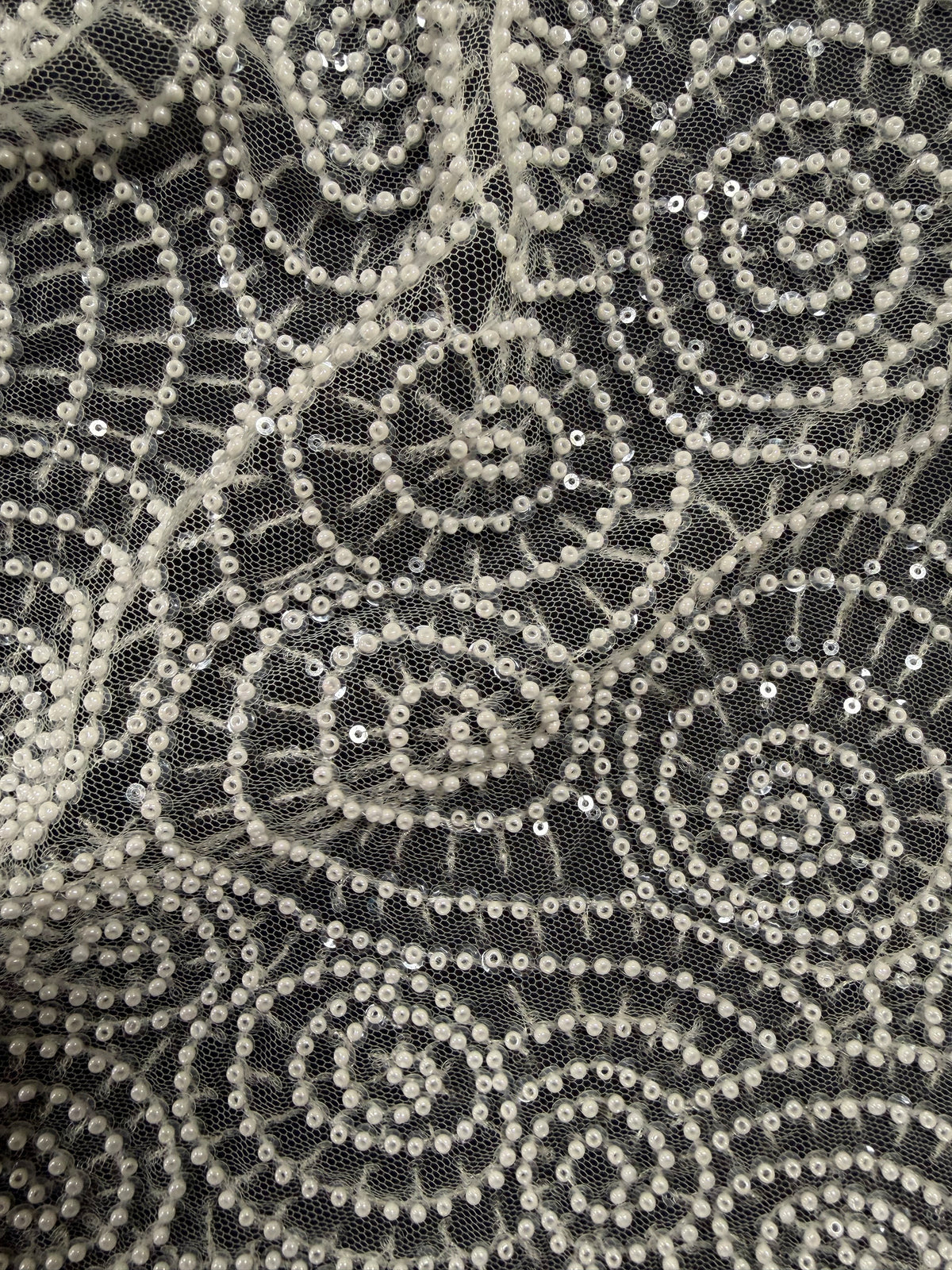 Ivory Emb Beaded Tulle - EB1060