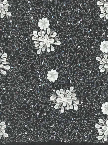 Ivory Emb Beaded Tulle - EB1074