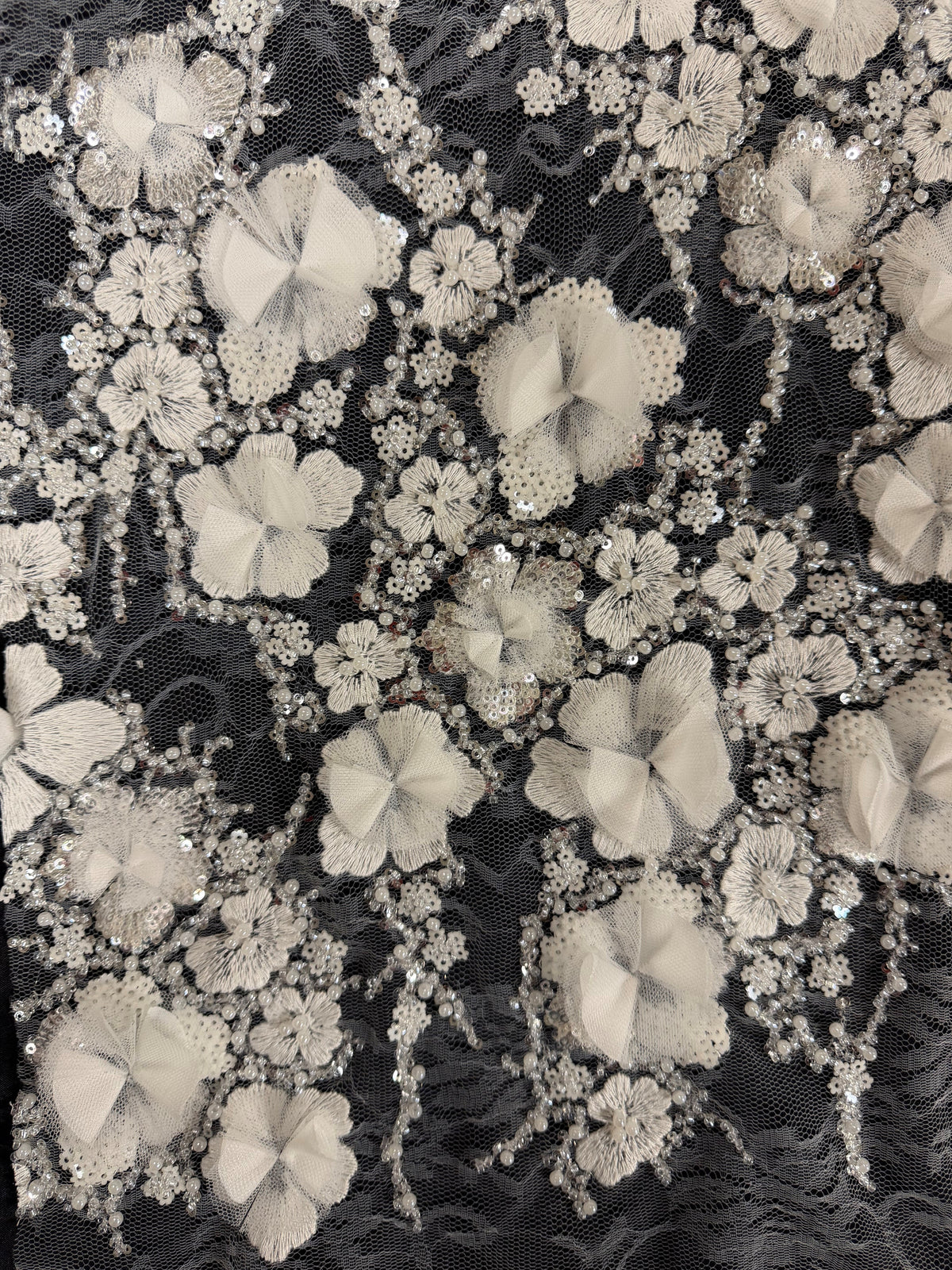 Ivory 3D Emb Beaded Tulle - EB1106