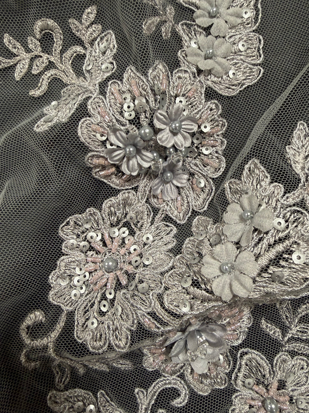 Dark Grey 3D Embroidered Beaded Tulle - EB1030