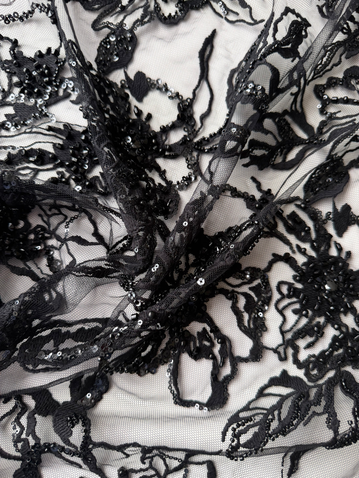 Black Embroidered Beaded Tulle - EB1100