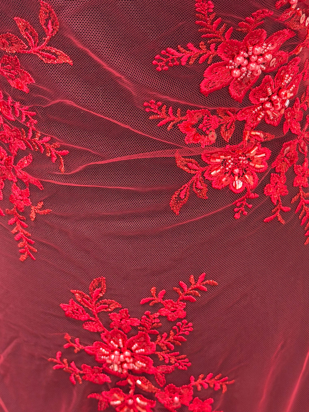 Red Embroidered Beaded Tulle - EB1007