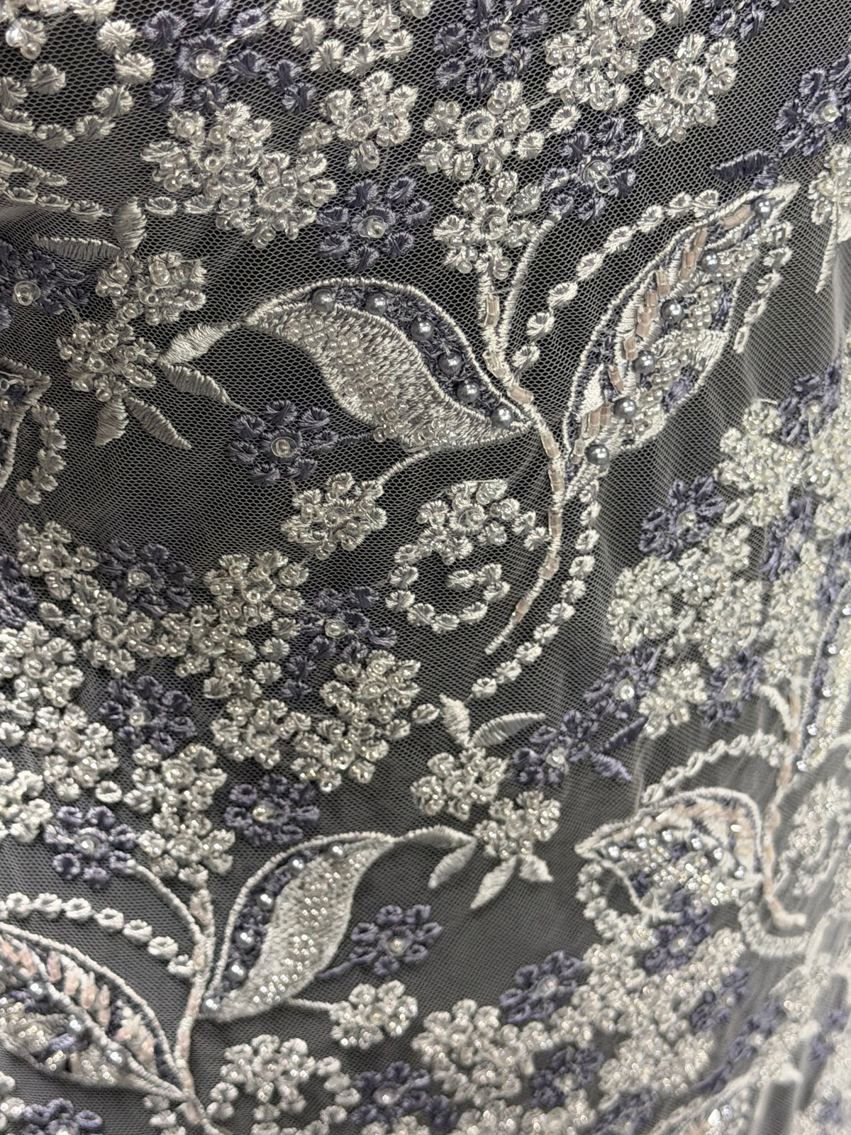 Grey/Indigo Embroidered Tulle - EB1013