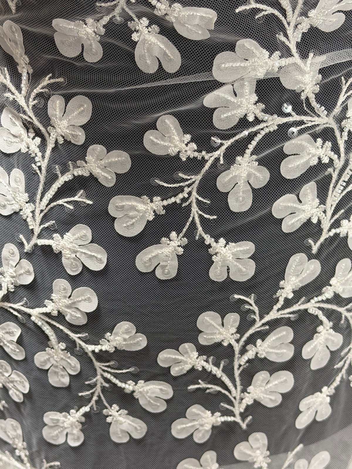 Ivory Embroidered Beaded Tulle - EB1055