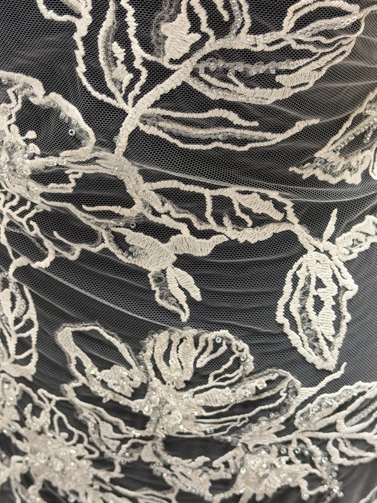 Ivory Embroidered Beaded Tulle - EB1100