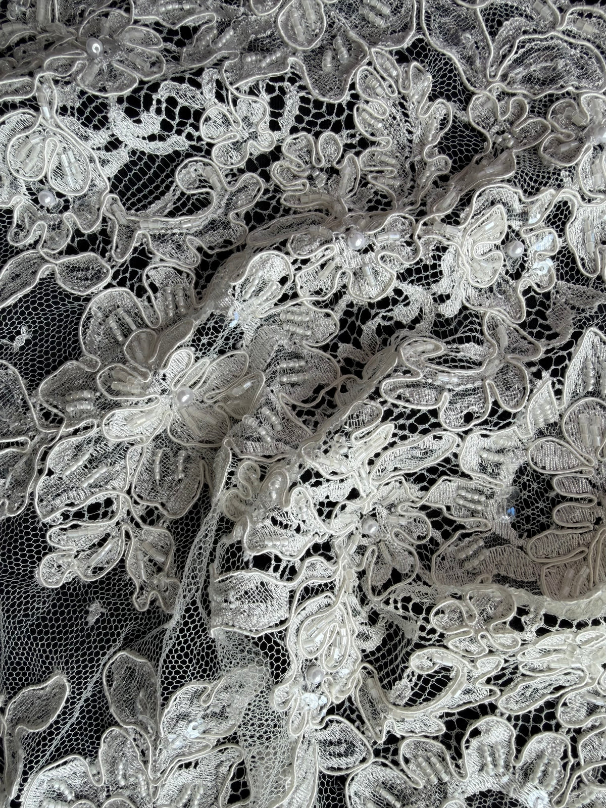 Ivory Corded and Beaded French Lace - P251