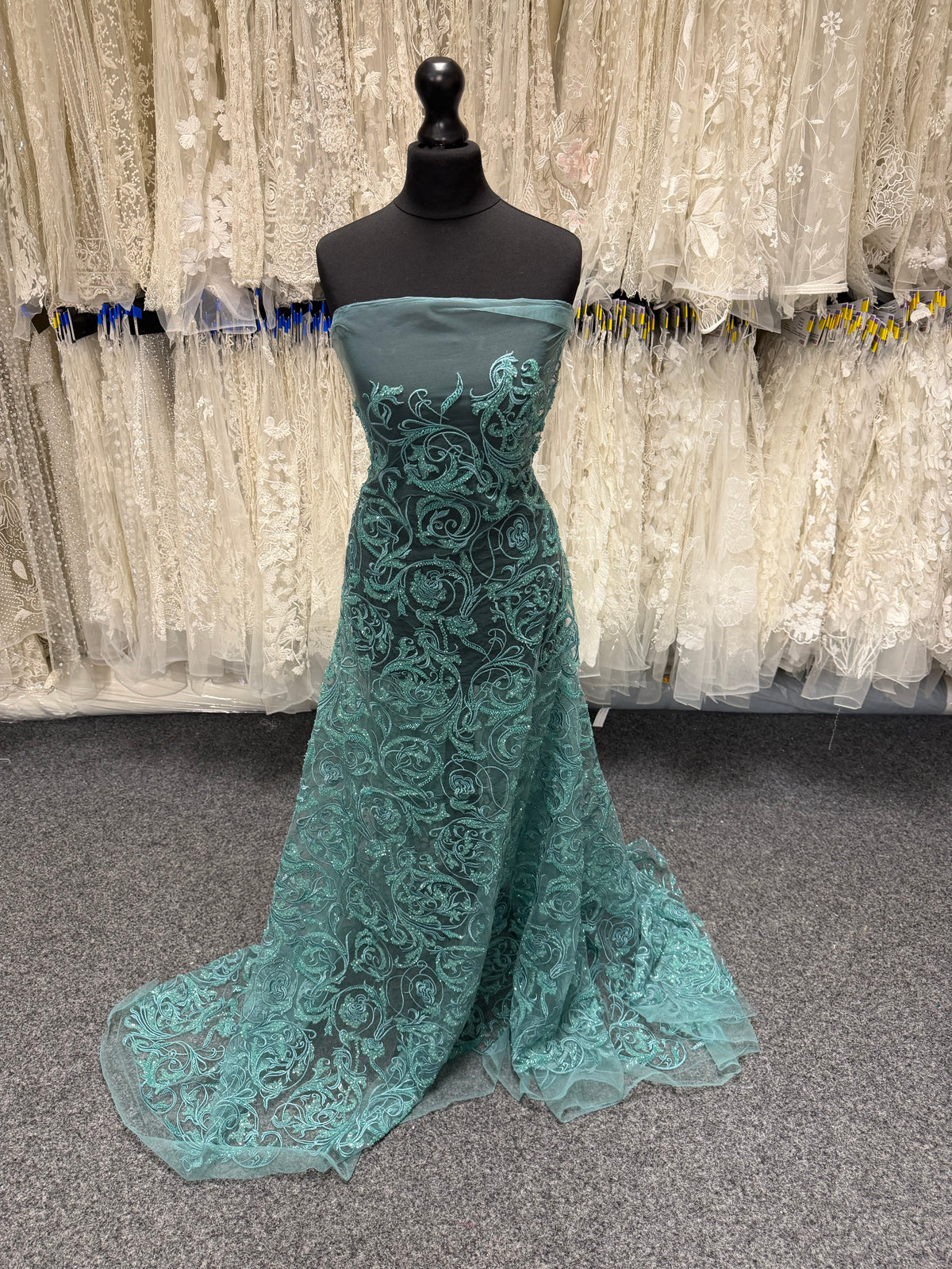 Light Jade Embroidered Beaded Tulle - EB1091