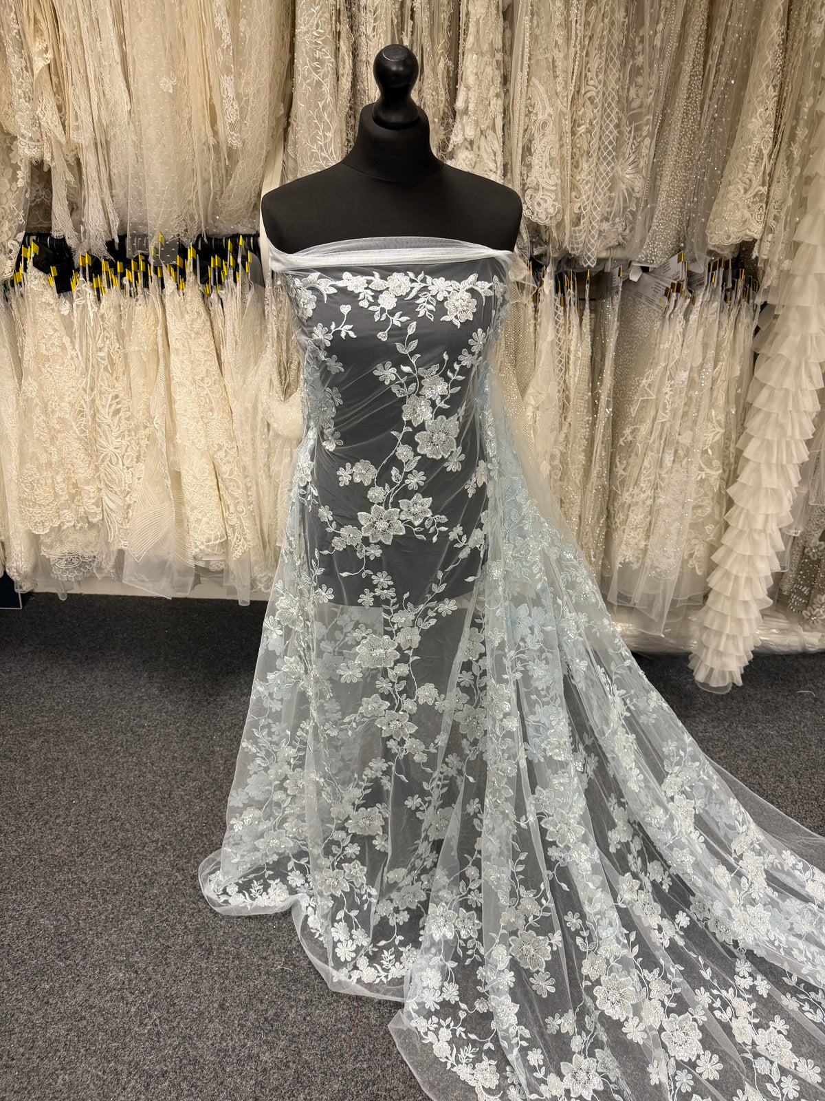 Baby Blue Embroidered Beaded Tulle - EB1090