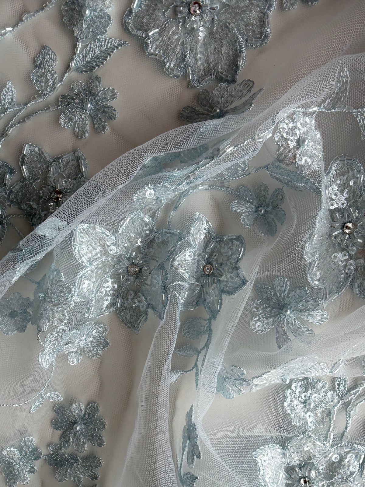 Baby Blue Embroidered Beaded Tulle - EB1090