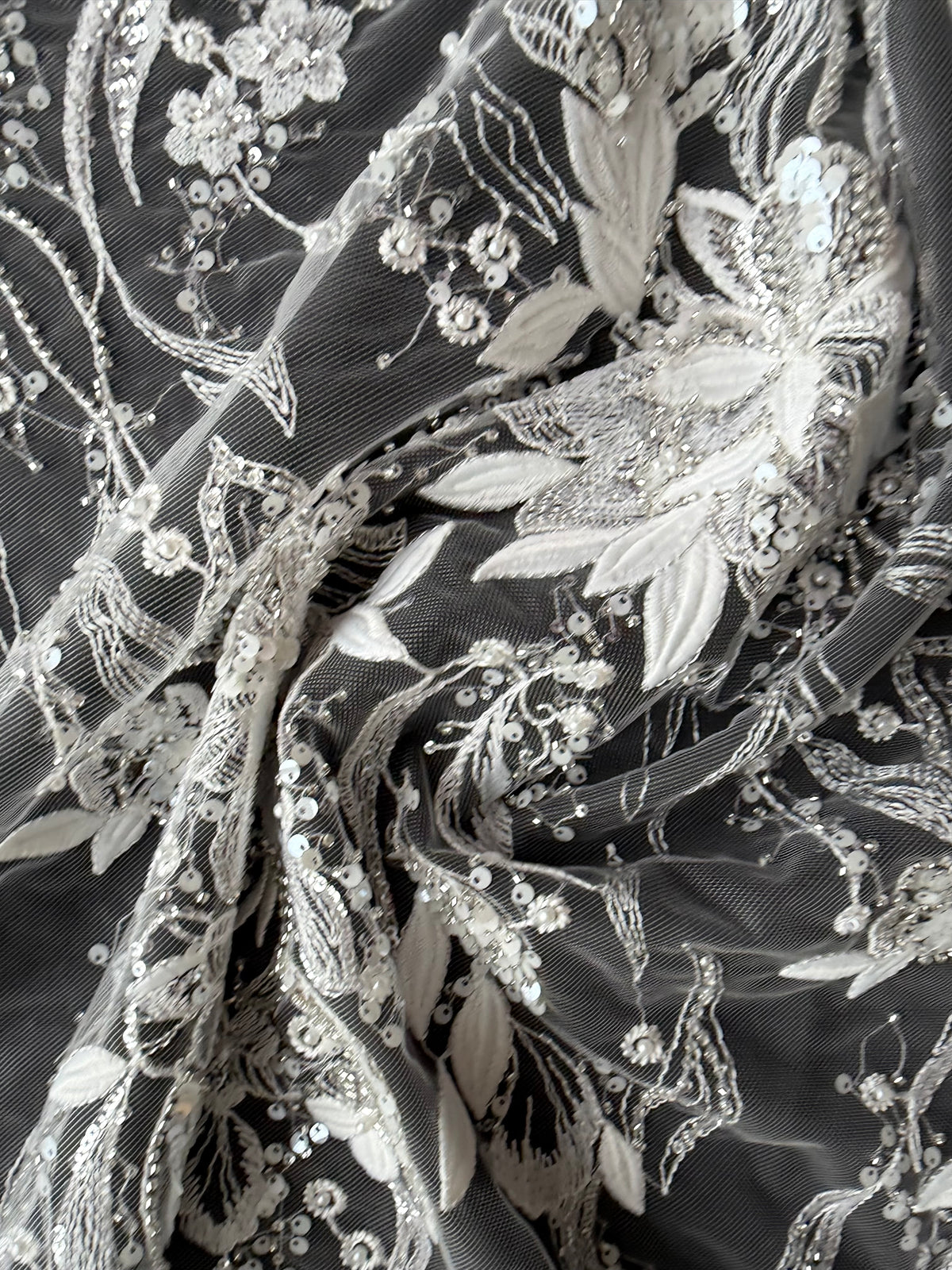 Ivory/Silver Embroidered Beaded Tulle - EB1098