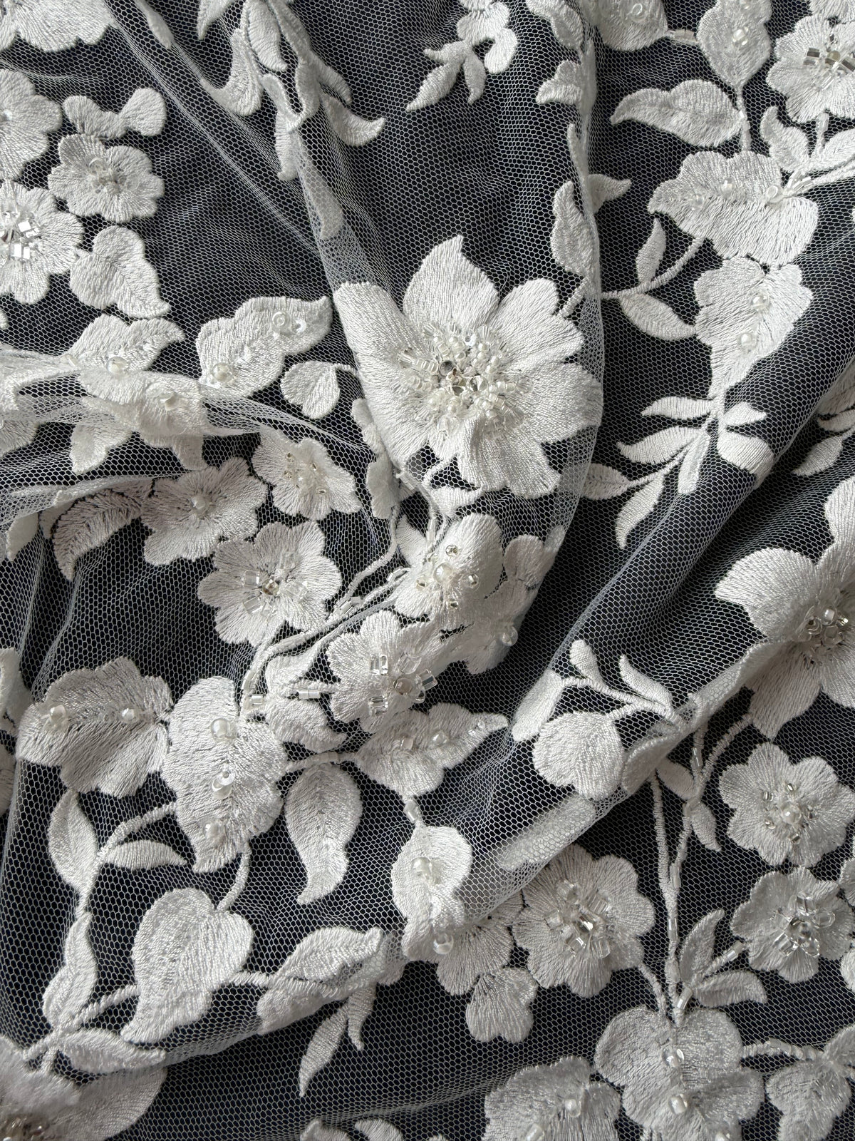 Ivory Embroidered Beaded Tulle - EB1083