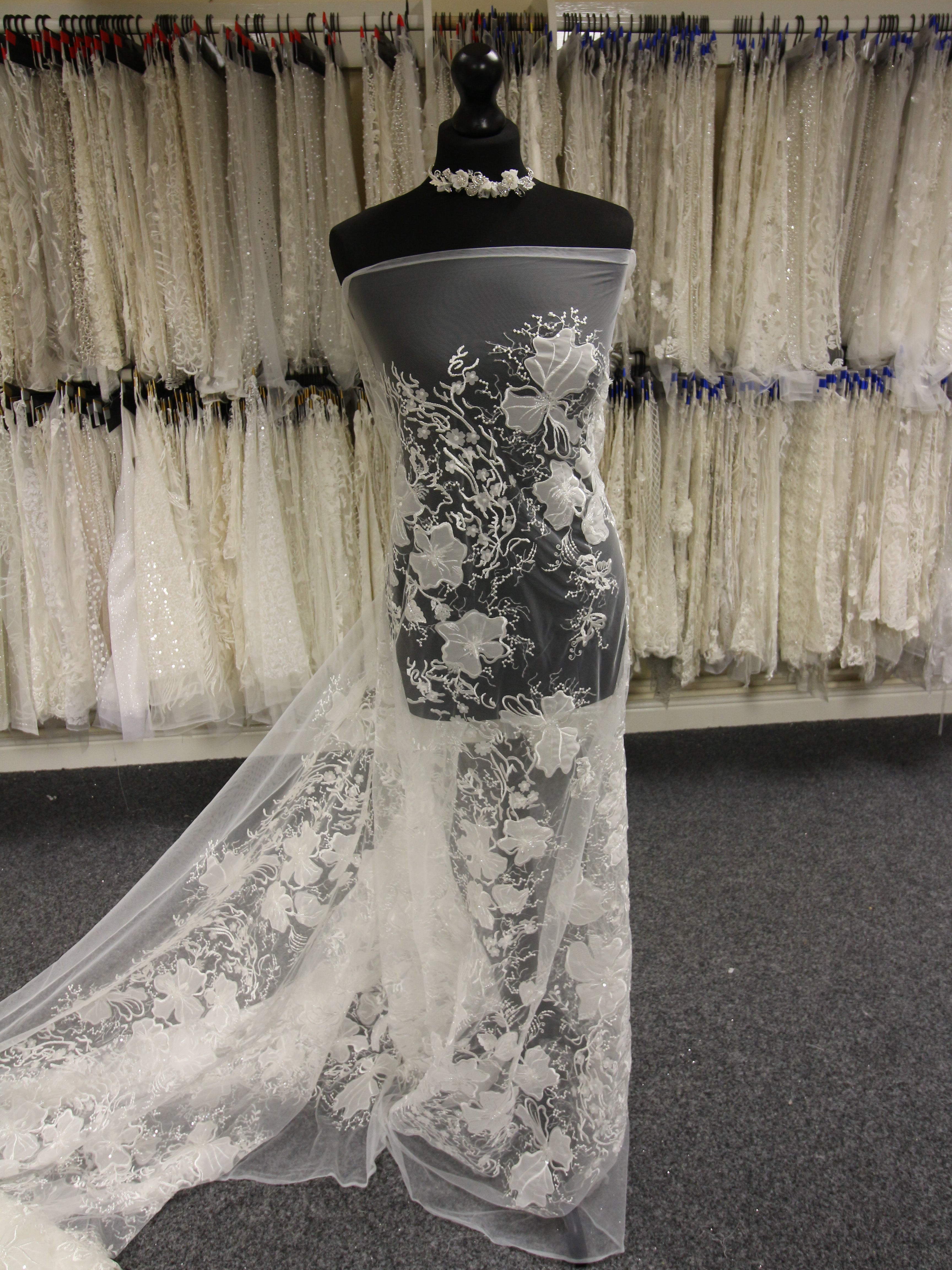 lace fabric wedding dress Strappy Low Back Plunge Neckline Beaded Floral Lace Trumpet Wedding Dress Kai
