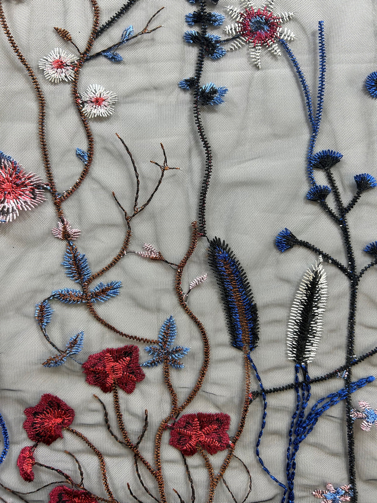 Multi Coloured Embroidered Lace on Black Tulle - Sassi