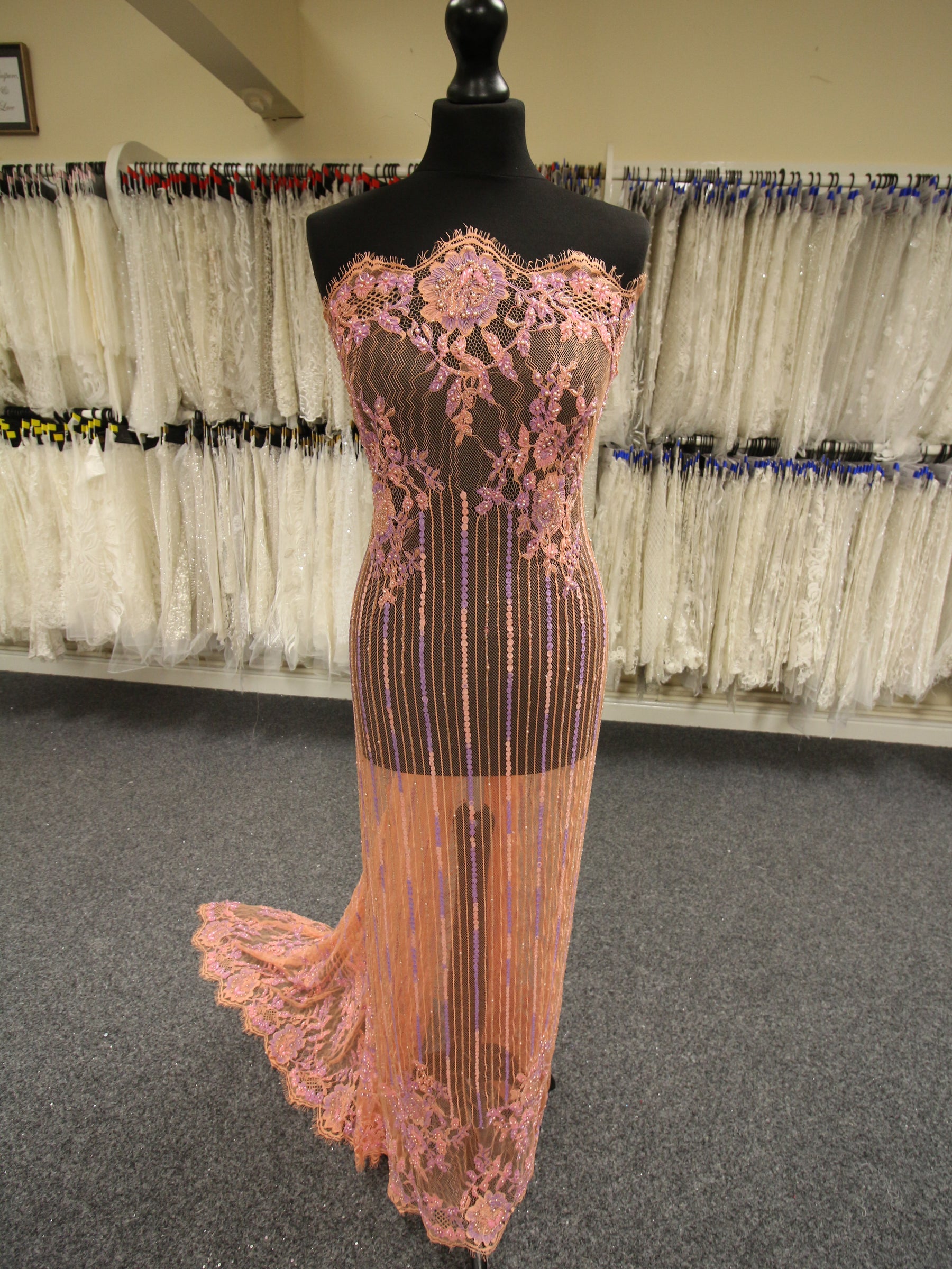 Salmon Pink Beaded Raschel Lace - Xanthe