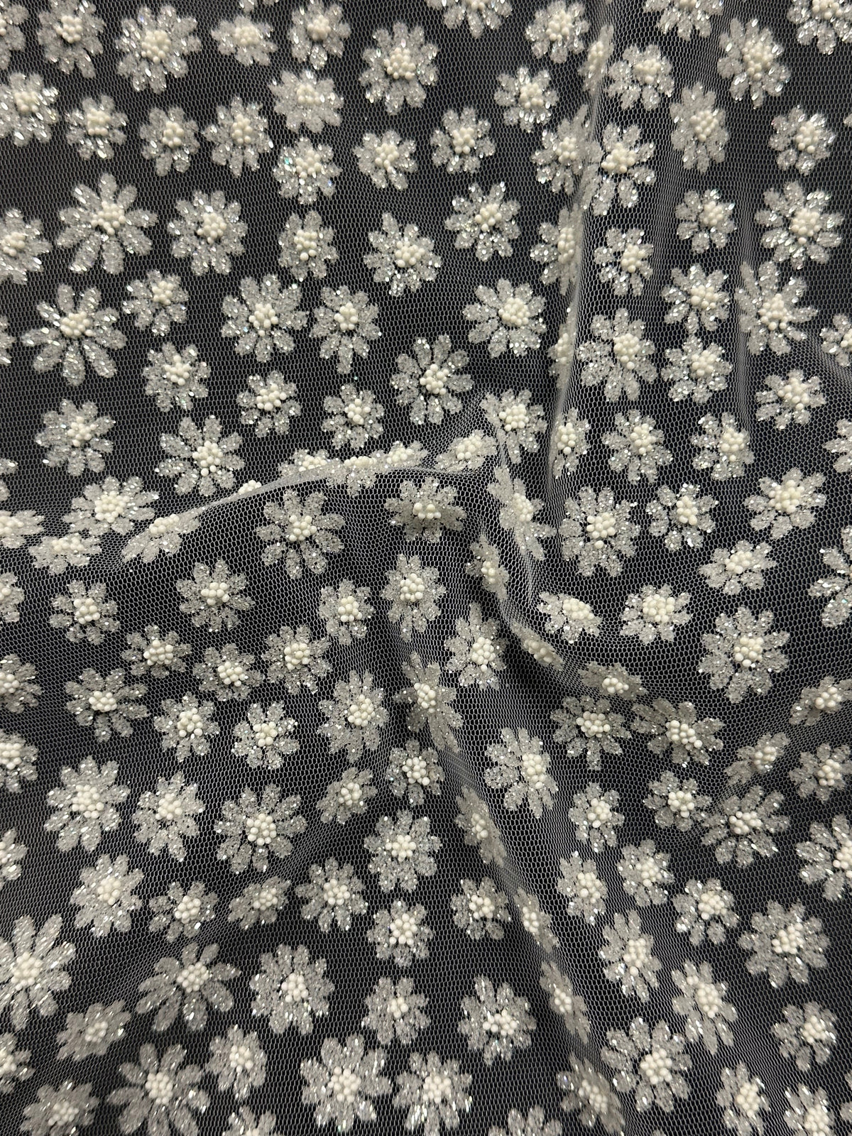 White Daisy Glitter Tulle - Jitter