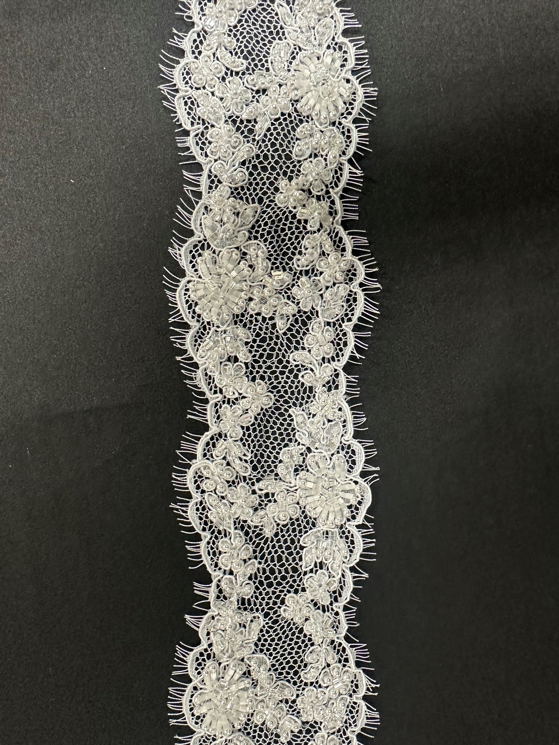 White Beaded & Corded Lace Trim - Omega