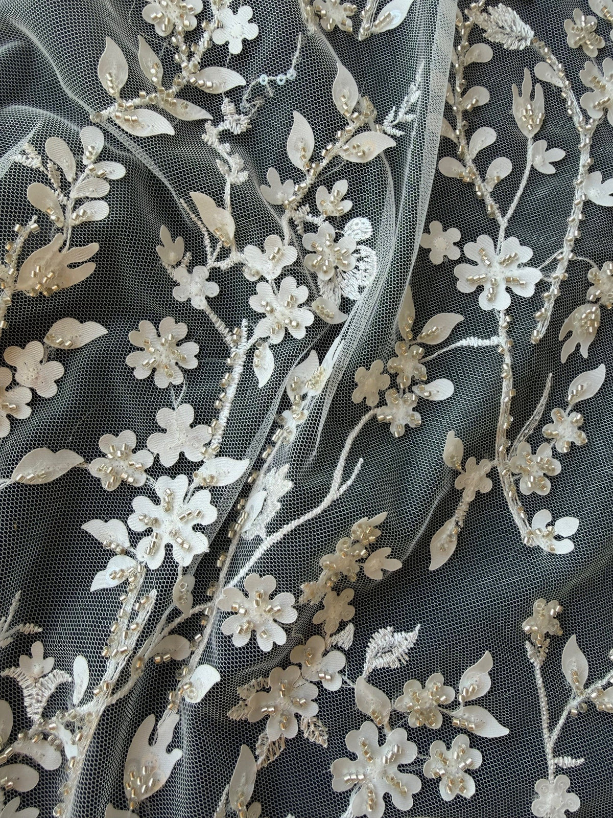 Ivory/Silver Embroidered Lace - EB1073