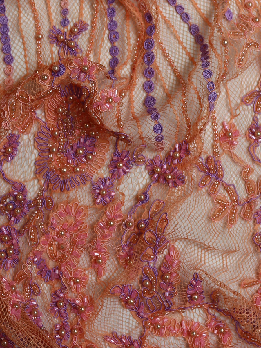 Salmon Pink Beaded Raschel Lace - Xanthe