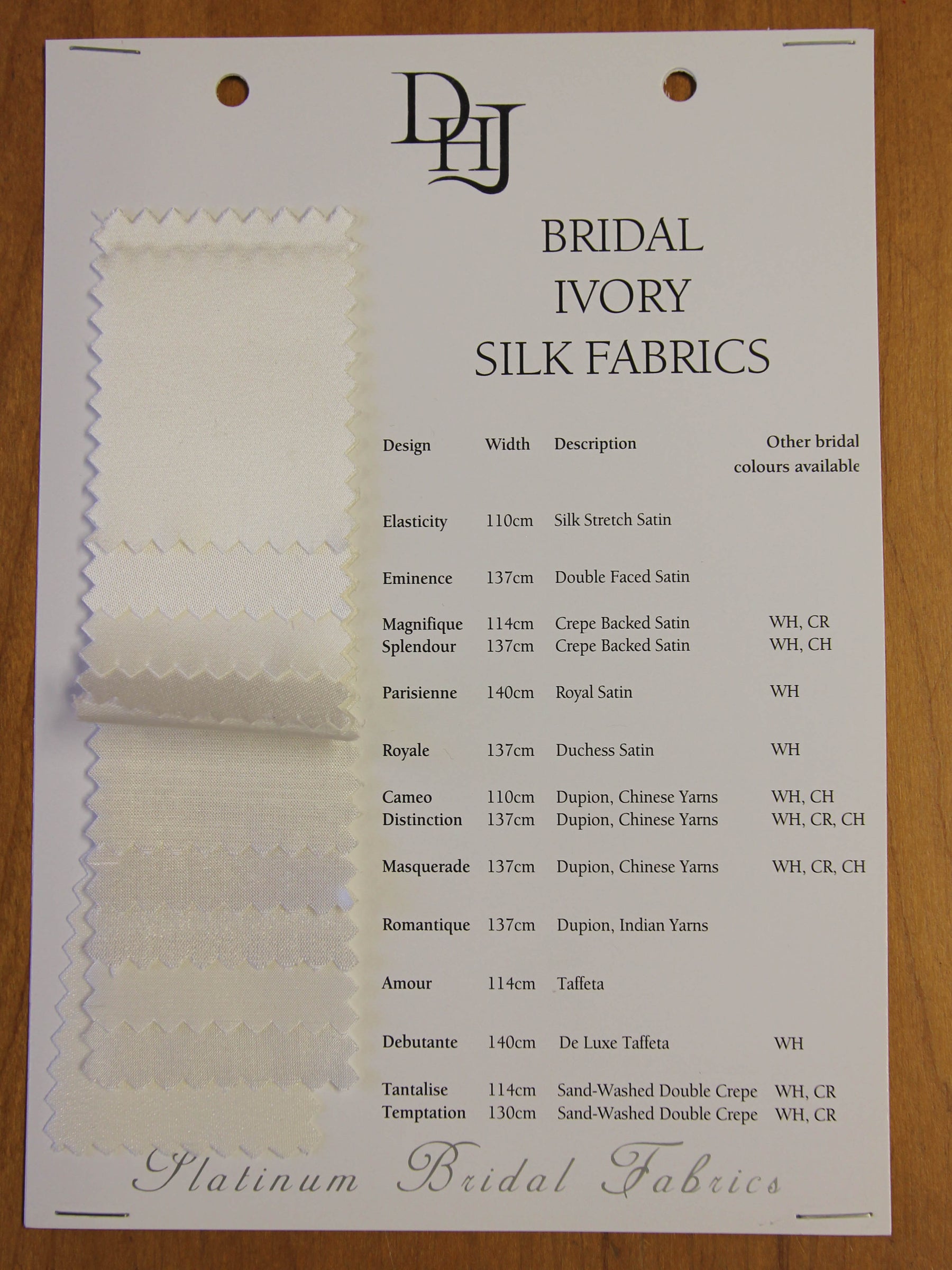 Sample Card of Silk Bridal Fabrics in Ivory