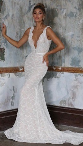 Beaded ivory lace wedding dress using Brianna