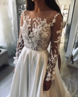 Bespoke wedding dress made using ivory embroidered lace Janine 1