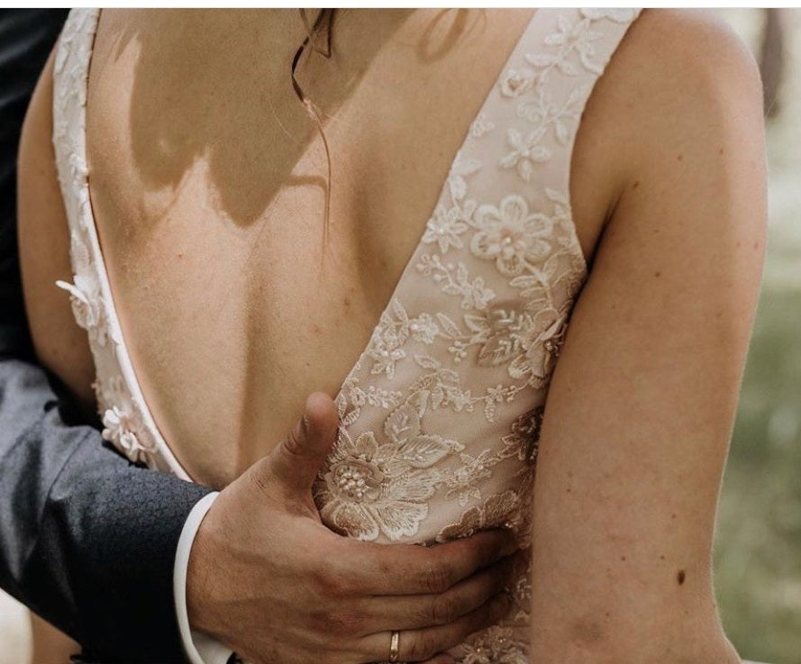 Blush pink wedding dress using 3d flower lace Hildreth 2