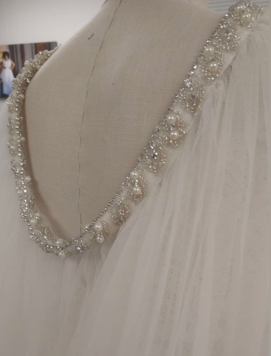 Bridal cape trimmed with crystal pearl embellishment edging Rosemary 1