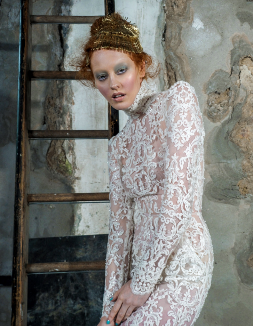 Full lace wedding dress with long sleeves using ivory beaded lace Ava by Mishi May 2