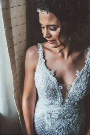 Ivory lace wedding dress using ivory sequinned lace Pleasance 1