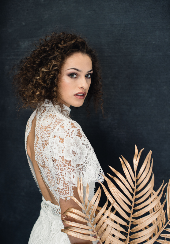 Modern contemporary wedding dress featuring ivory Guipure lace and ivory  corded Raschel lace
