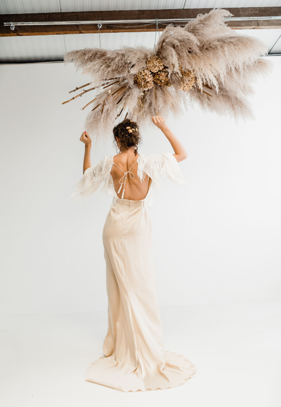 Modern weddding dress with a boho vibe using tassle ivory lace Charleston 3