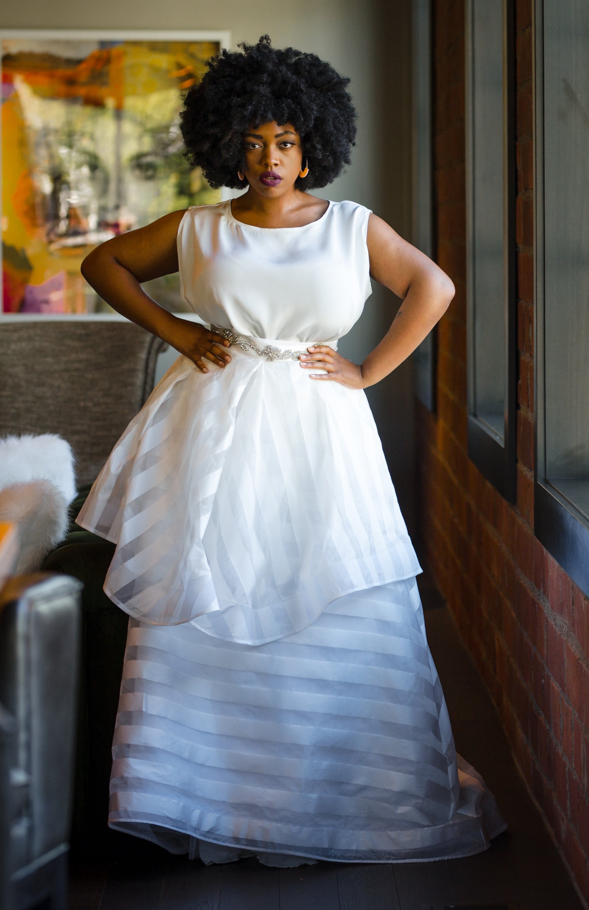 Stunning wedding dress using striped ivory fabric Jester from Bridal Fabrics on the skirt 3