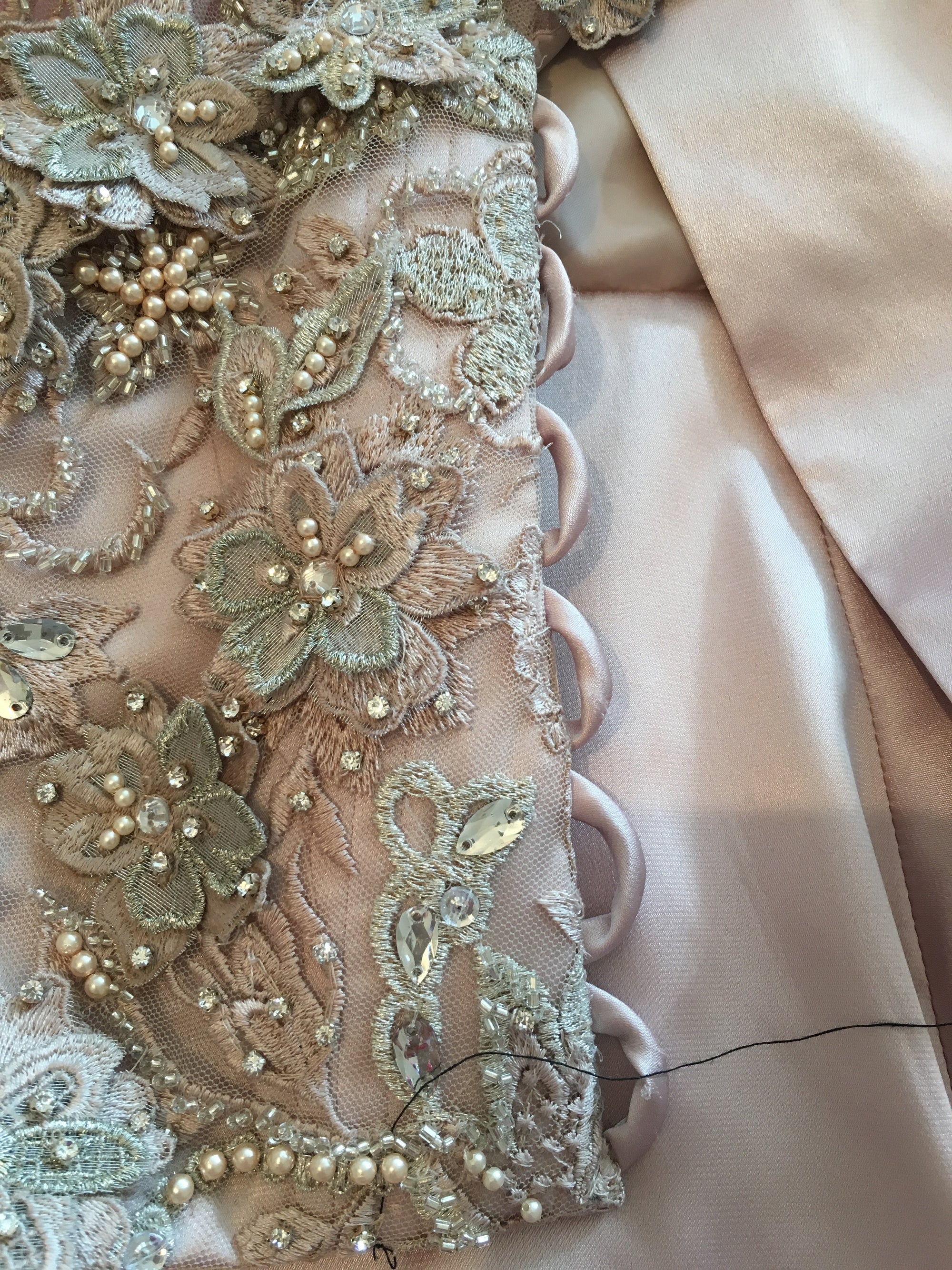 The creation process of the bodice using blush beaded lace Renata 3