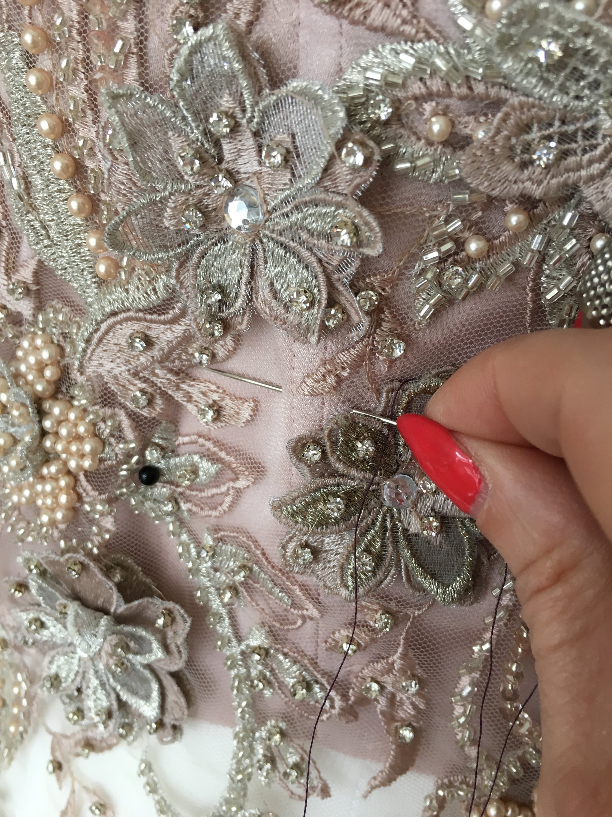 The creation process using blush beaded lace Renata 2