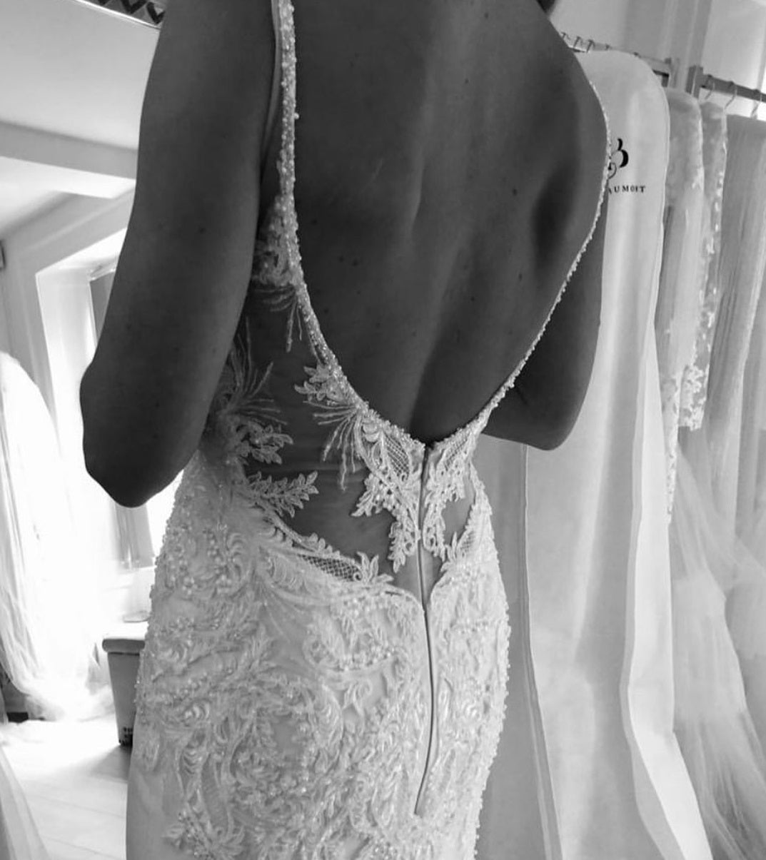 Wedding dress featuring ivory beaded and fringed lace Infinity 1