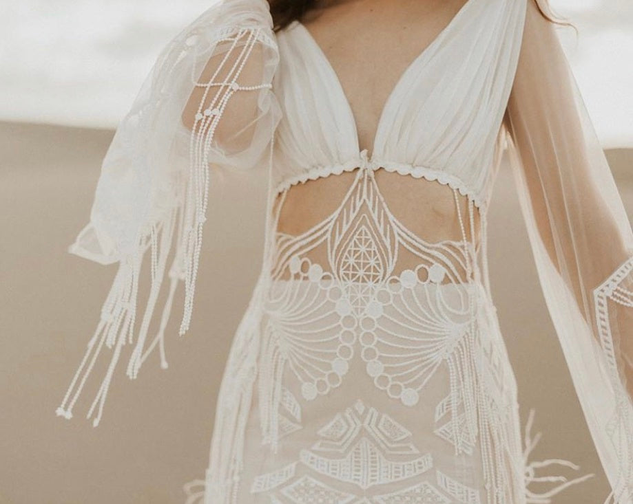 Wedding dress ivory embroidered lace with feather detail Euphoria 3