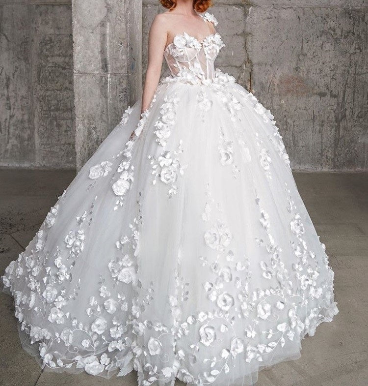 Wedding dress using ivory 3D flower ivory lace Rebecca 13