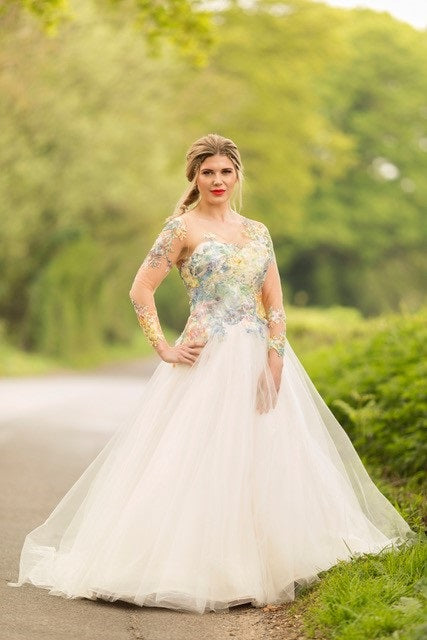 Wedding dress with multi coloured embroidered lace Octavia garden 1