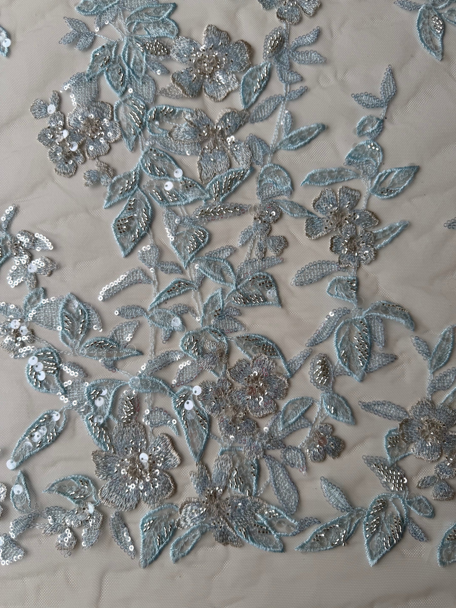 Grey/Blue Embroidered Beaded Tulle - EB1085