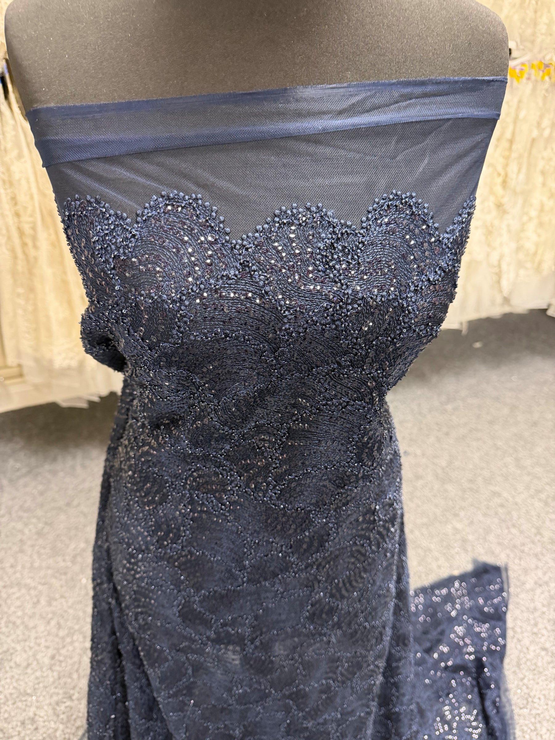 Navy 3D Embroidered Beaded Tulle - EB1021