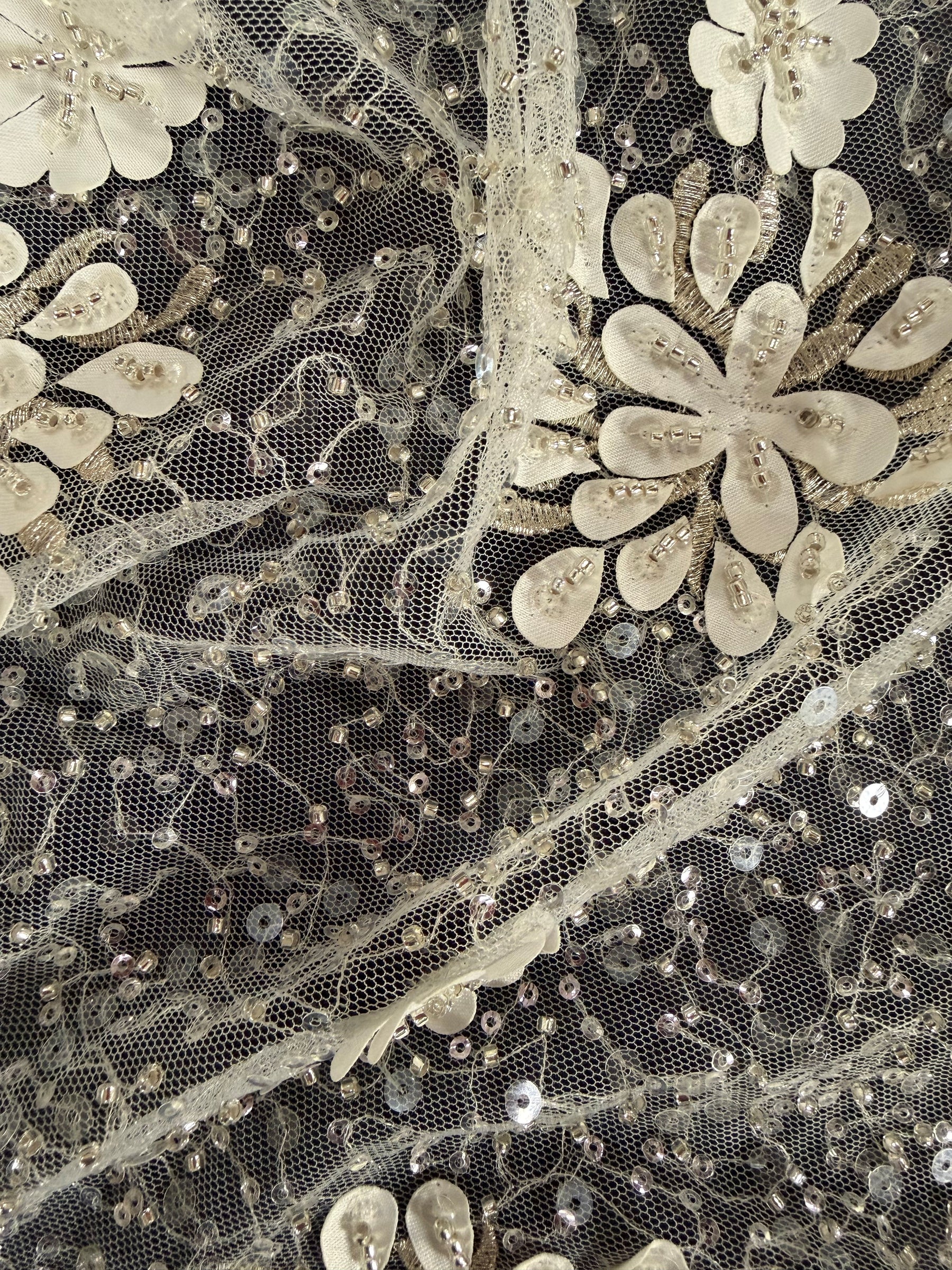 Ivory Emb Beaded Tulle - EB1074